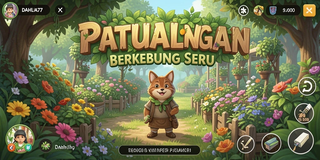 Tampilan gameplay DAHLIA77 yang menarik dengan elemen kebun yang penuh warna.