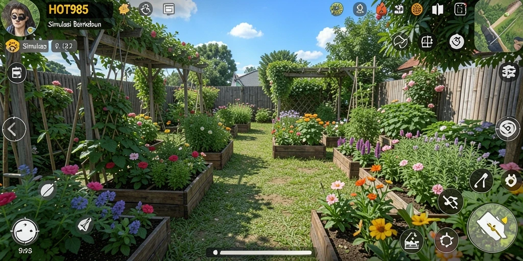 Tampilan gameplay HOT985 menampilkan aktivitas berkebun yang menyenangkan.
