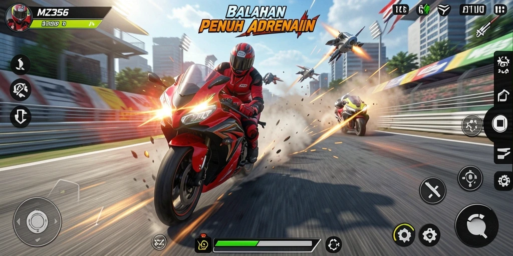 Tampilan gameplay MZ356 yang mendebarkan dan penuh aksi balapan motor.