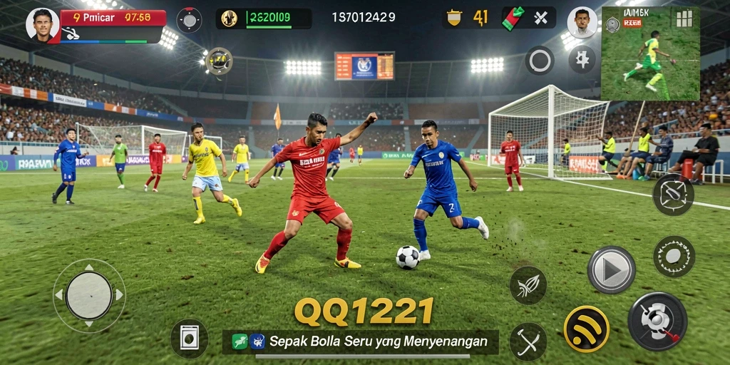Screenshot gameplay QQ1221 yang menampilkan aksi sepak bola yang seru.