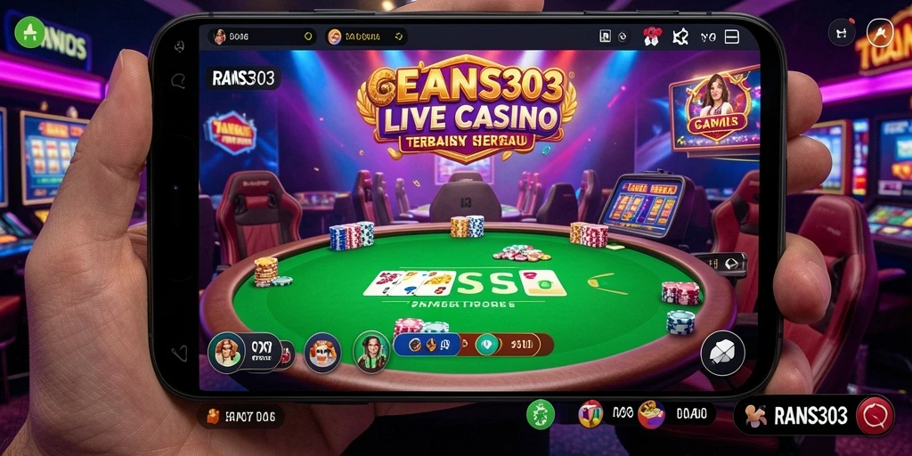 Screenshot gameplay RANS303 menampilkan dealer langsung dan suasana kasino yang autentik.