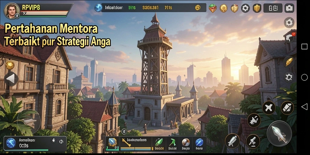 Screenshot gameplay RPVIP8 menampilkan pertahanan menara yang strategis.