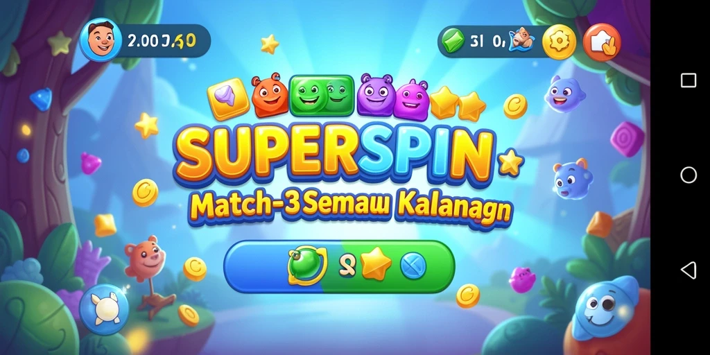 Tampilan seru gameplay Match-3 SUPERSPIN yang penuh warna.