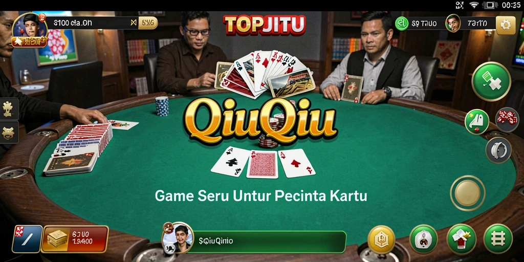 Screenshot gameplay QiuQiu dengan tampilan kartu dan meja permainan.