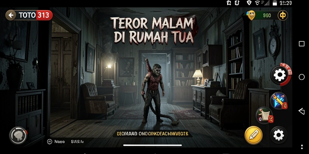 Screenshot gameplay TOTO313 menunjukkan kengerian malam di rumah tua yang angker.